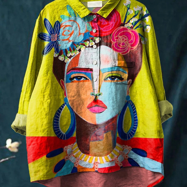 Malvina — Floral Crown Portrait Print Button-Up Blouse