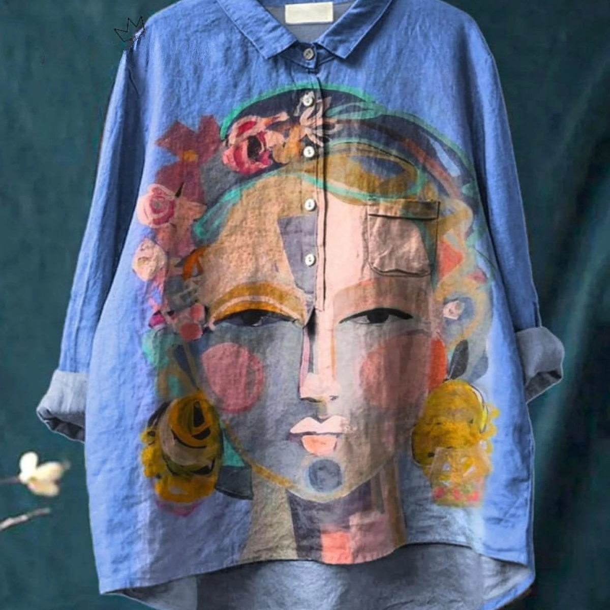 Malvina — Floral Crown Portrait Print Button-Up Blouse