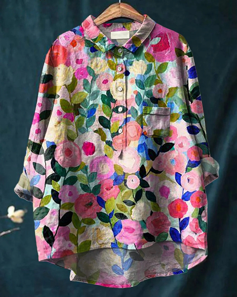 Dariela — Pink Garden Floral Print Button-Up Blouse