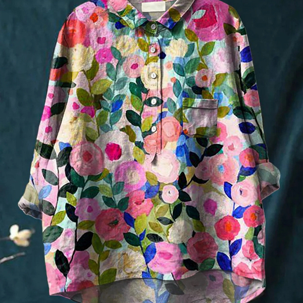 Dariela — Pink Garden Floral Print Button-Up Blouse