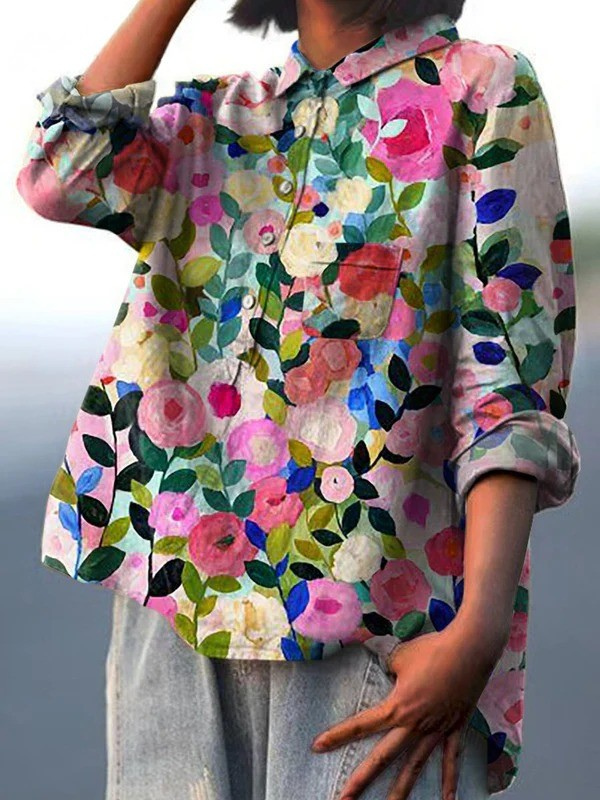 Dariela — Pink Garden Floral Print Button-Up Blouse