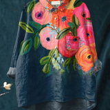 Liesbeth — Navy Peony Colour-Block Print Button-Up Blouse
