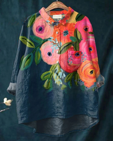 Liesbeth — Navy Peony Colour-Block Print Button-Up Blouse
