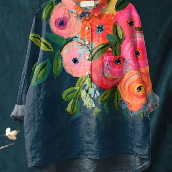 Liesbeth — Navy Peony Colour-Block Print Button-Up Blouse