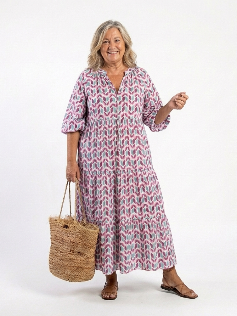 Leofrun — Lilac Chevron-Print Tiered Maxi Dress with Balloon Sleeves
