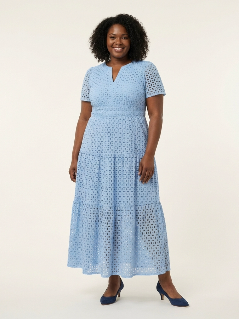 Aslaug — Sky Blue Eyelet-Look Tiered Maxi Dress with Short Sleeves