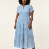 Aslaug — Sky Blue Eyelet-Look Tiered Maxi Dress with Short Sleeves