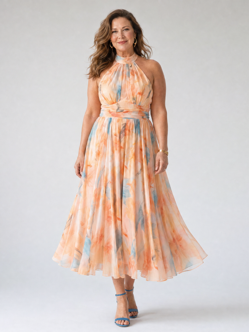 Elgiva — Apricot Watercolour Halter Midi Dress with Gathered Bodice