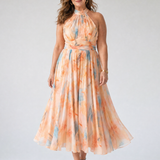 Elgiva — Apricot Watercolour Halter Midi Dress with Gathered Bodice