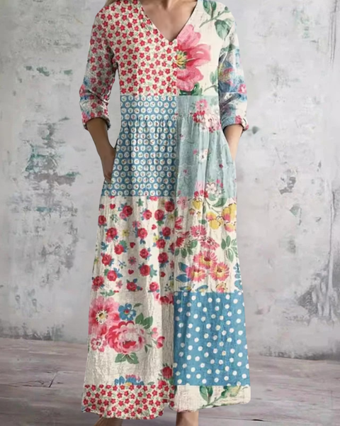 Kamala — Floral Patchwork Print V-Neck Maxi Dress