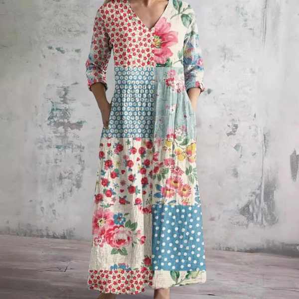 Kamala — Floral Patchwork Print V-Neck Maxi Dress