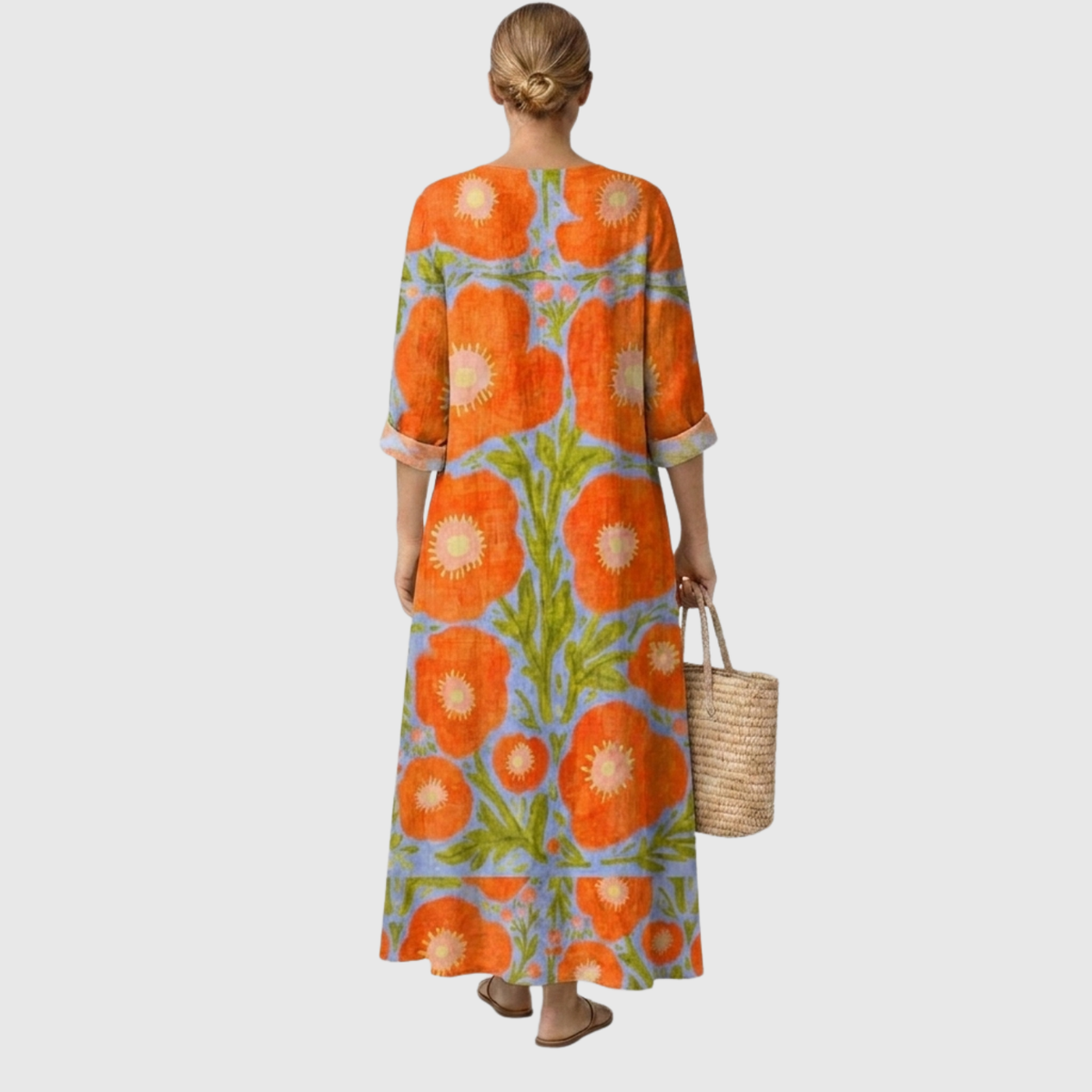 Chana — Orange Poppy-Print V-Neck Boho Maxi Dress