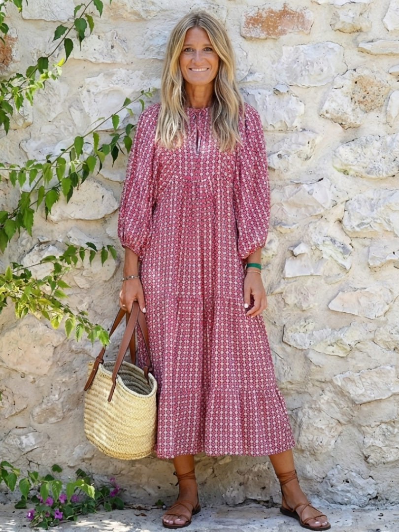 Ferelith — Raspberry Geometric-Print Tiered Maxi Dress with Balloon Sleeves