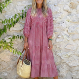 Ferelith — Raspberry Geometric-Print Tiered Maxi Dress with Balloon Sleeves