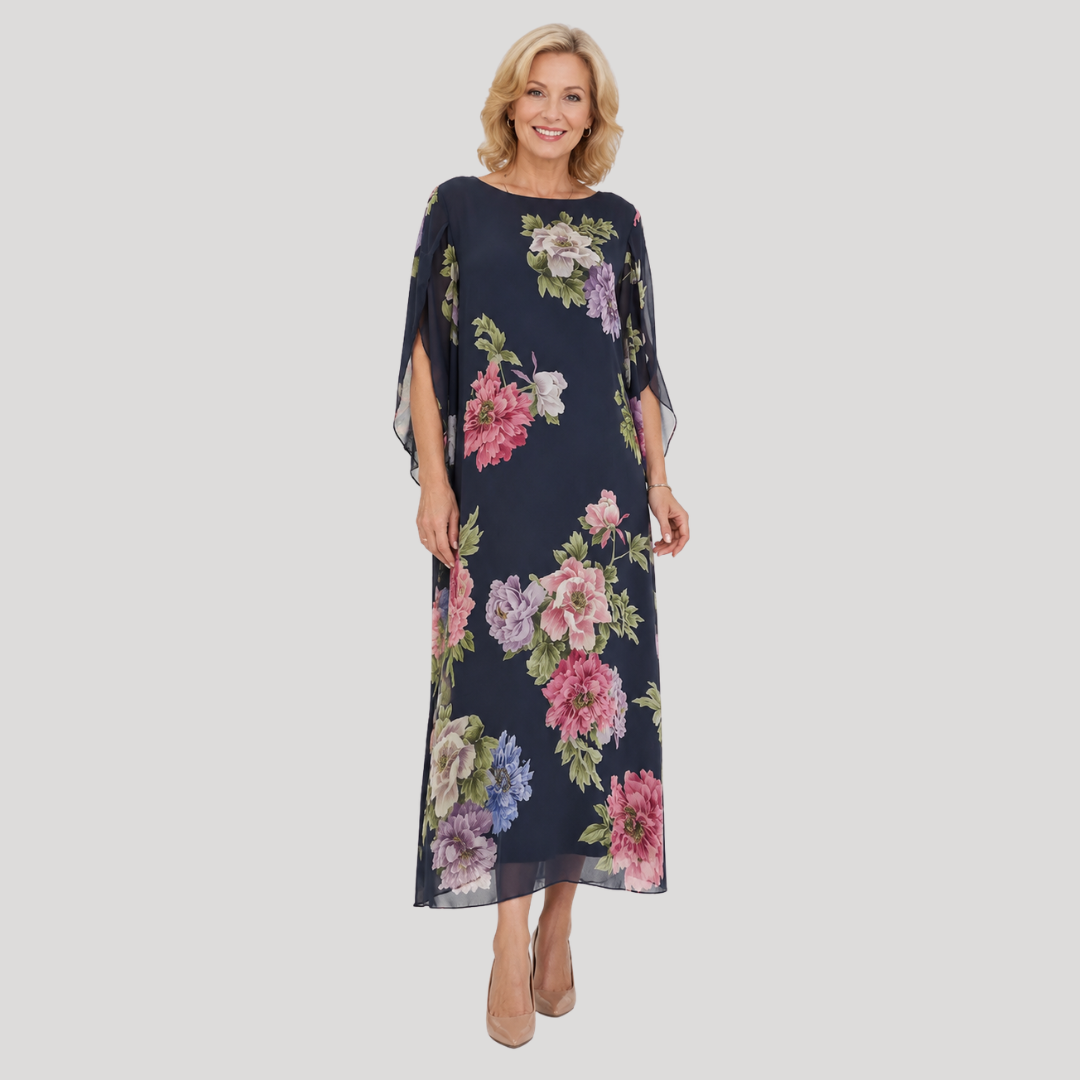 Anselma — Midnight Floral Maxi Dress with Cape Sleeves