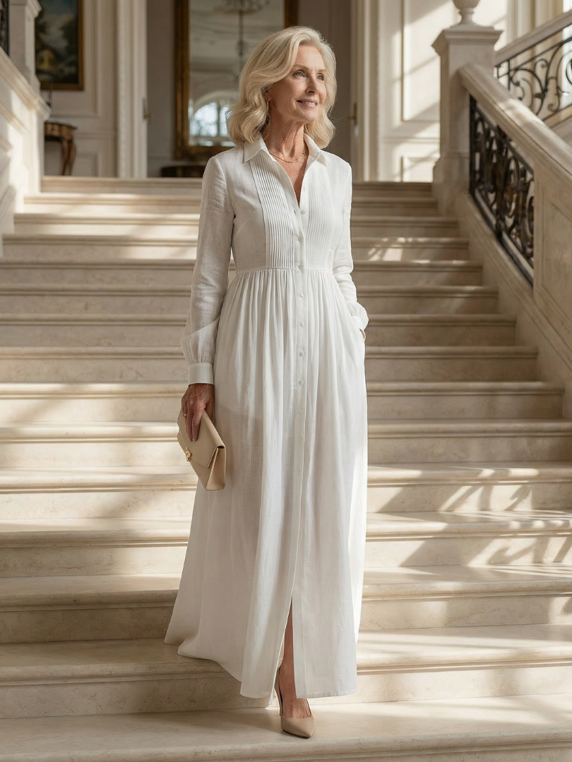 Alarice — Button-Front Pleated Shirt Maxi Dress