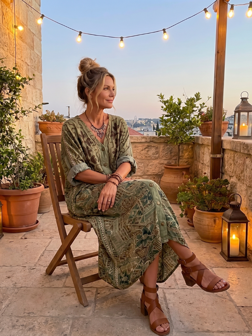 Cadella — Olive Embroidered Button-Front Relaxed Midi Dress with Pockets