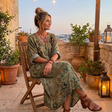 Cadella — Olive Embroidered Button-Front Relaxed Midi Dress with Pockets