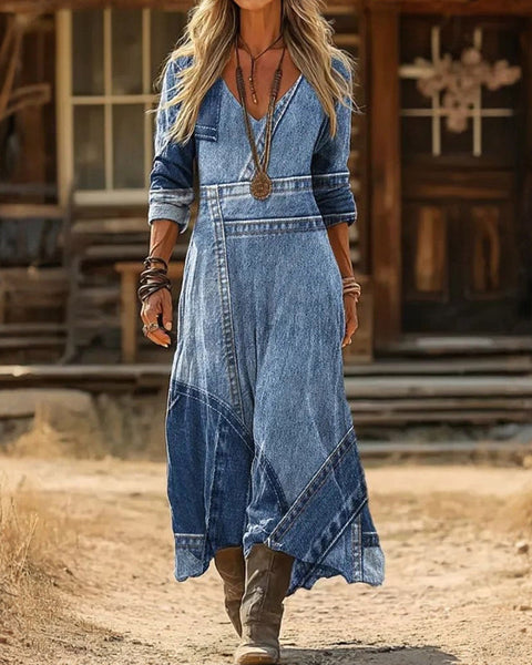 Clarimonde — Denim-Look Patchwork Boho Maxi Dress