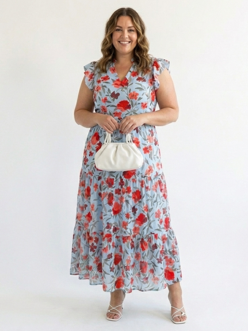 Kerttu — Floral V-Neck Tiered Midi Dress with Flutter Sleeves