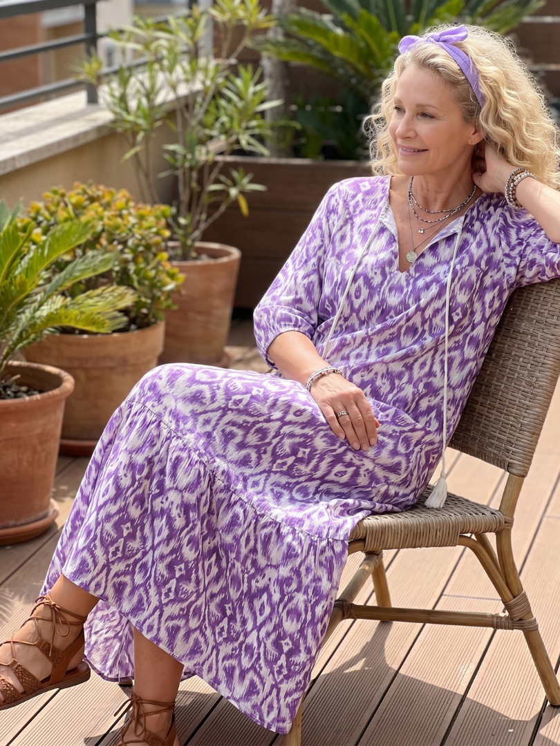 Orlaith — Purple Ikat-Print Tassel-Tie Maxi Dress with Tiered Skirt