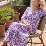 Orlaith — Purple Ikat-Print Tassel-Tie Maxi Dress with Tiered Skirt