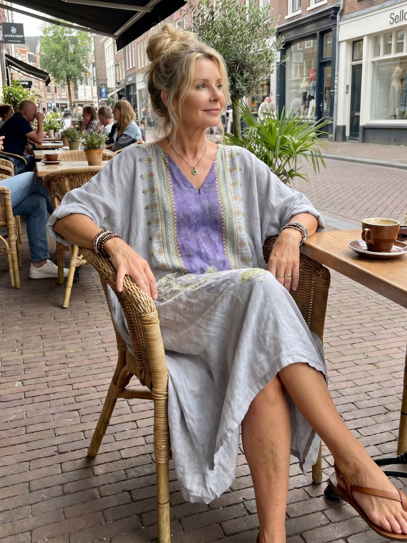 Bodil — Grey Contrast-Panel Relaxed Midi Dress with Embroidered Detail and Pockets