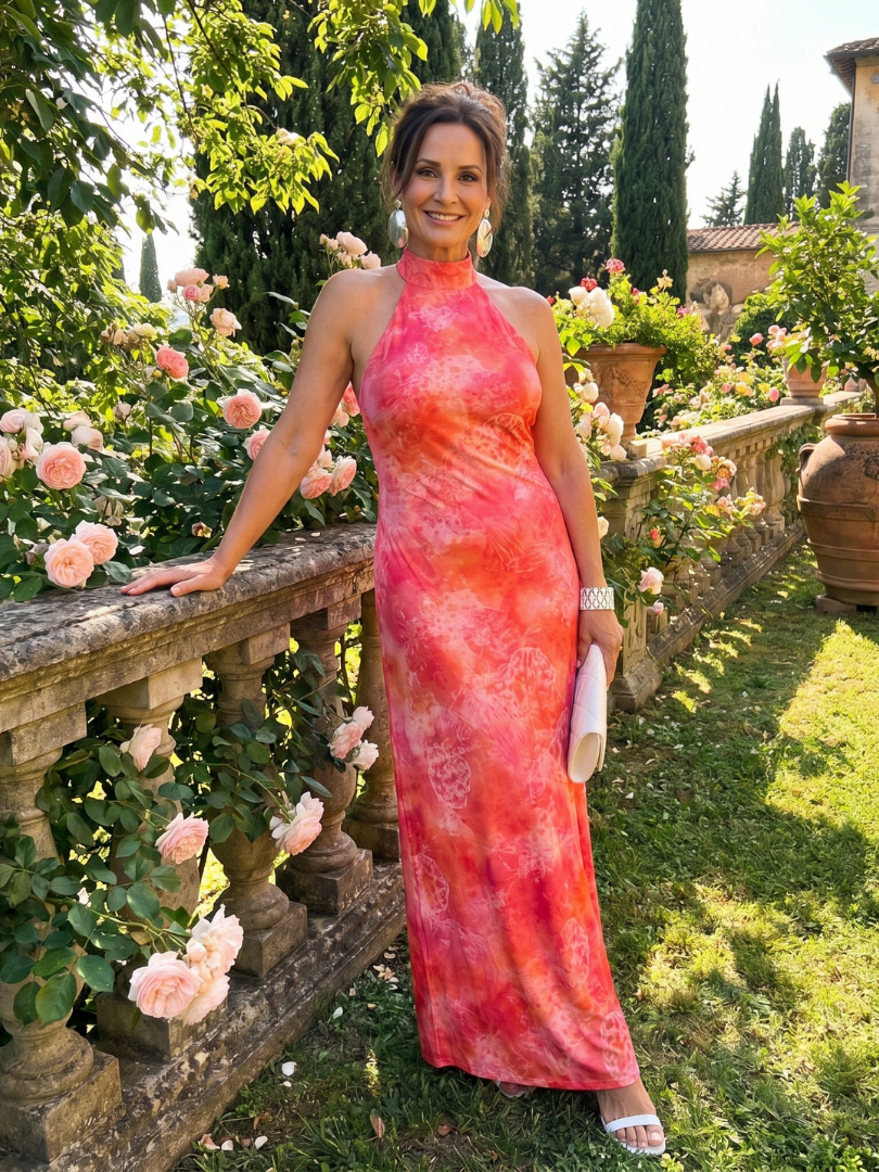 Fermina — Coral Printed Halter Maxi Dress with Fitted Shape
