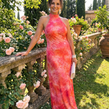 Fermina — Coral Printed Halter Maxi Dress with Fitted Shape