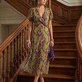 Cynara — Floral Wrap-Front Midi Dress with Puff Sleeves