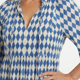 Gytha — Blue Diamond-Print Tiered Maxi Dress with Notch Neckline