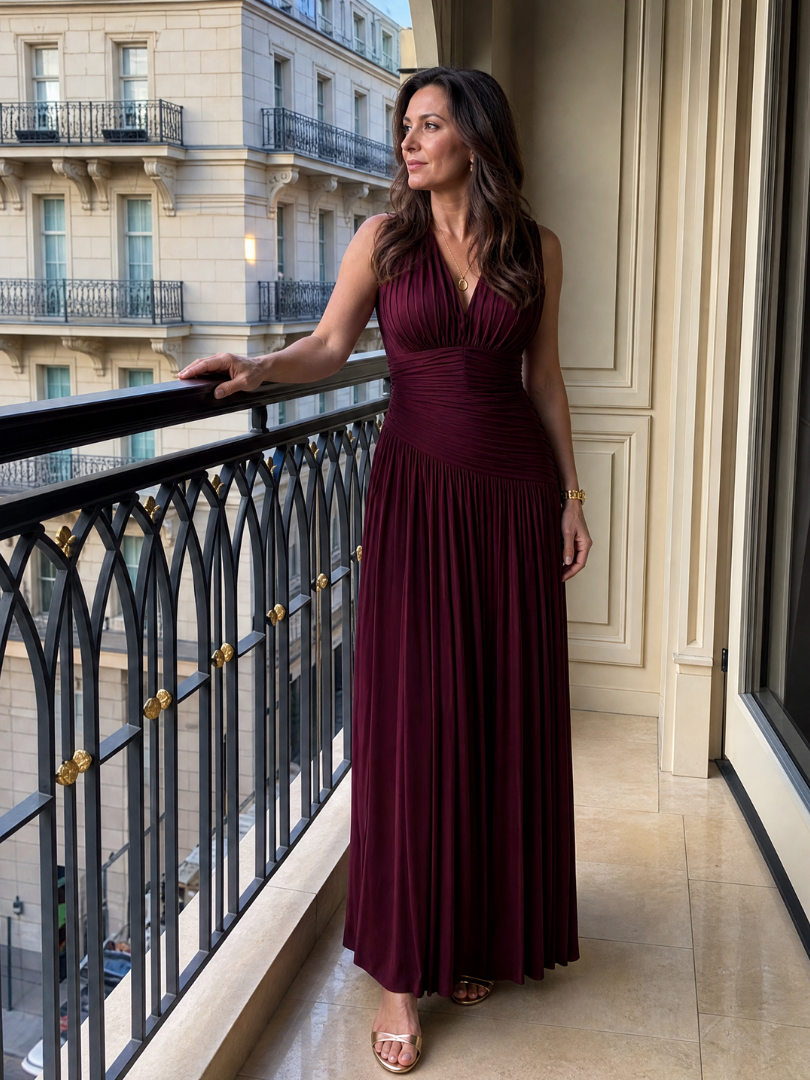 Olimpia — Burgundy Pleated V-Neck Midi Dress with Gathered Waist
