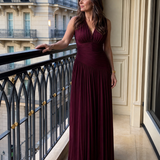 Olimpia — Burgundy Pleated V-Neck Midi Dress with Gathered Waist