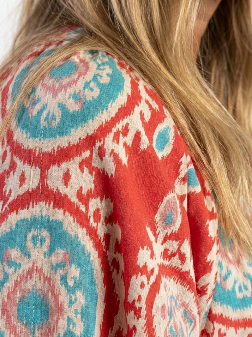 Isolina — Red Medallion-Print Tiered Maxi Dress with Short Sleeves