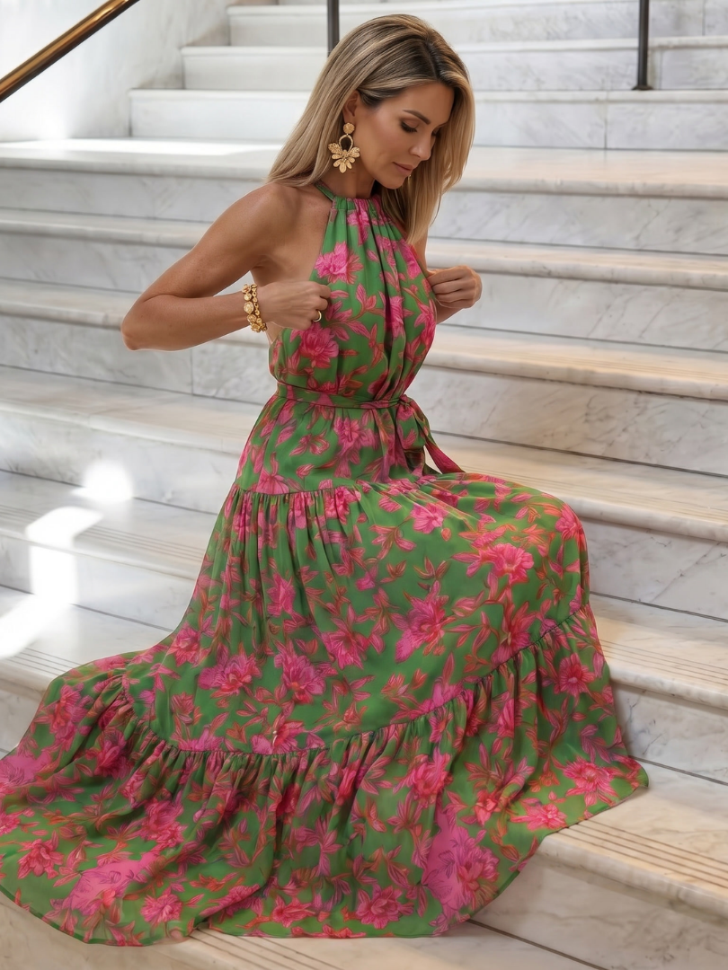 Ilenia — Green and Pink Floral Halter Midi Dress with Tiered Skirt