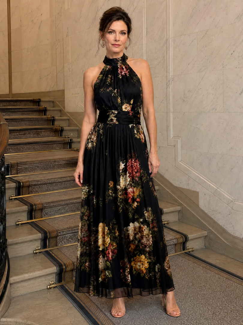 Ethne — Black Floral Halter Midi Dress with Gathered Bodice