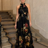 Ethne — Black Floral Halter Midi Dress with Gathered Bodice