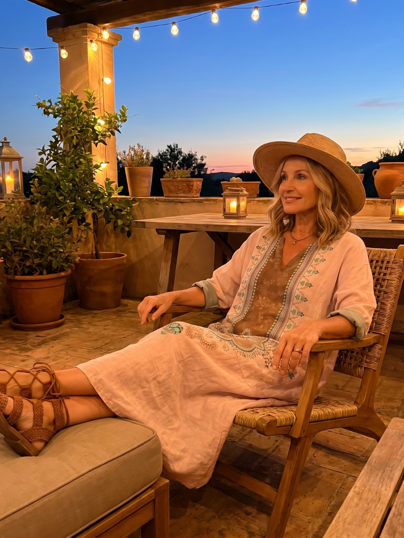 Dorit — Blush Pink Embroidered-Panel Relaxed Midi Dress with Pockets
