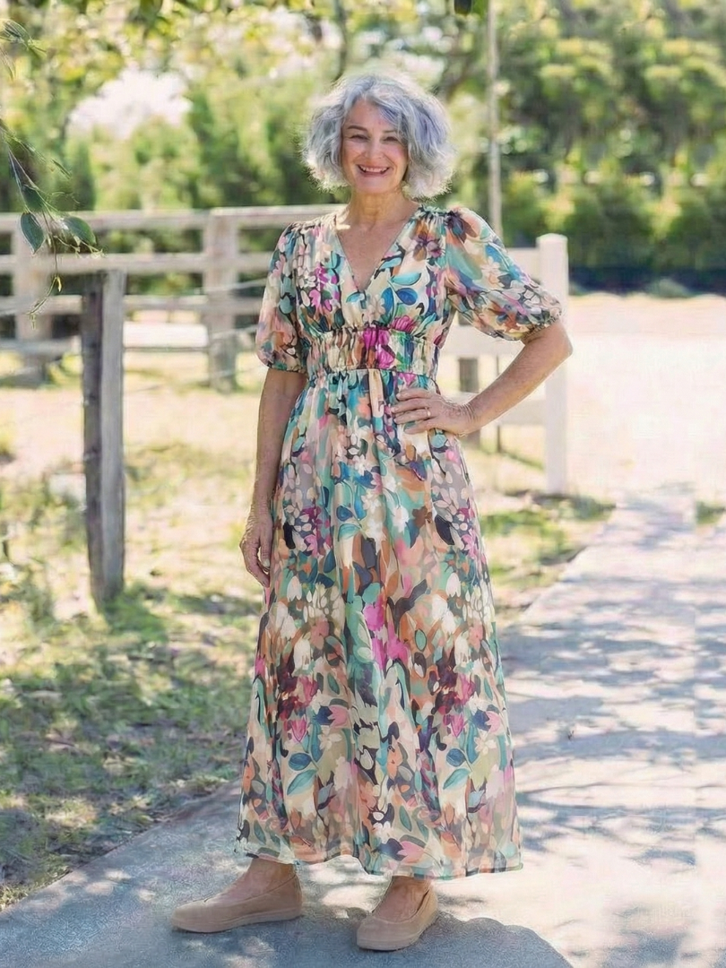 Amalberga — Multicolour Floral V-Neck Midi Dress with Puff Sleeves and Gathered Waist