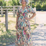 Amalberga — Multicolour Floral V-Neck Midi Dress with Puff Sleeves and Gathered Waist