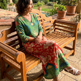 Ellisif — Green and Red Mixed-Print V-Neck Midi Dress with Pockets