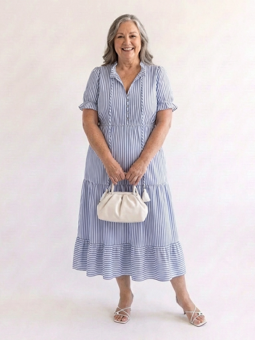 Juta — Periwinkle Blue V-Neck Tiered Midi Dress with Tassel Ties