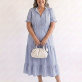 Juta — Periwinkle Blue V-Neck Tiered Midi Dress with Tassel Ties