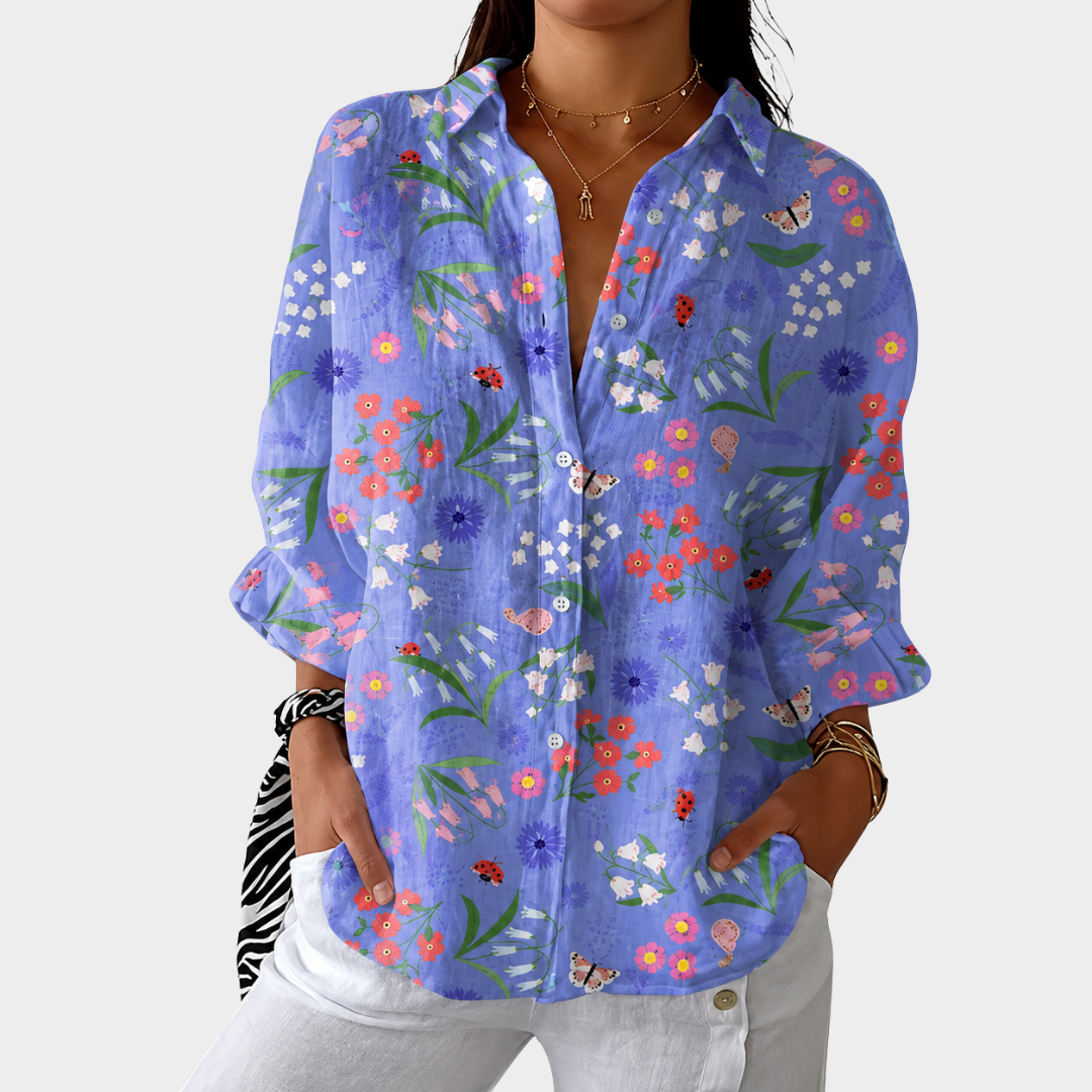 Iara — Blusa Azul Pervinca com Florzinhas