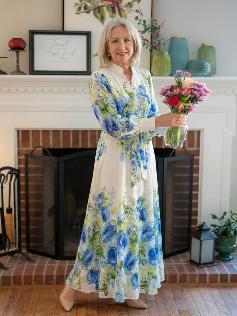 Rikke — Blue Floral Button-Front Maxi Dress with Long Sleeves and Tie Waist
