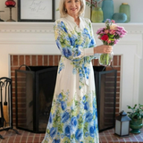 Rikke — Blue Floral Button-Front Maxi Dress with Long Sleeves and Tie Waist