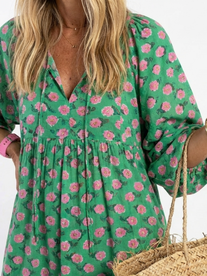 Gerlinde — Green Block-Print Tiered Maxi Dress with Puff Sleeves