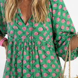 Gerlinde — Green Block-Print Tiered Maxi Dress with Puff Sleeves