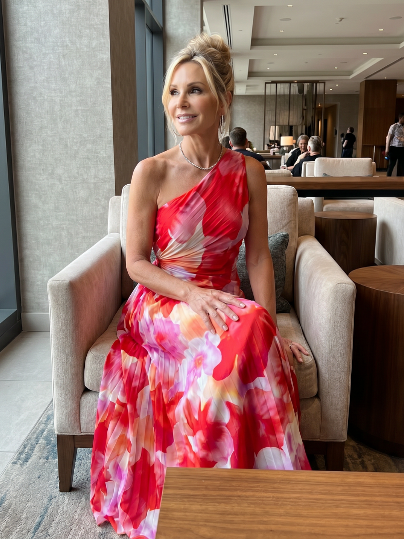 Brynja — Red Floral One-Shoulder Midi Dress with Pleated Bodice