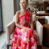 Brynja — Red Floral One-Shoulder Midi Dress with Pleated Bodice